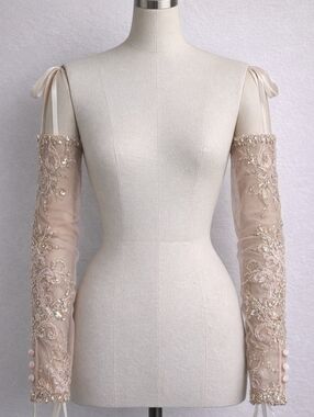 Elegant Sheer Embroidered Gloves Sleeves Beaded Nude Pink
